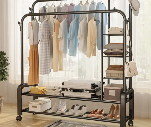 Double Pole Adjustable Clothes Hanger With Shoe Rack