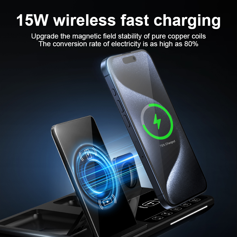 Newest Magnetic Wireless Charger Stand For iPhone iWatch Airpods 4 In 1 Wireless Charging Station With Clock Auto lifting Stand - Image 3