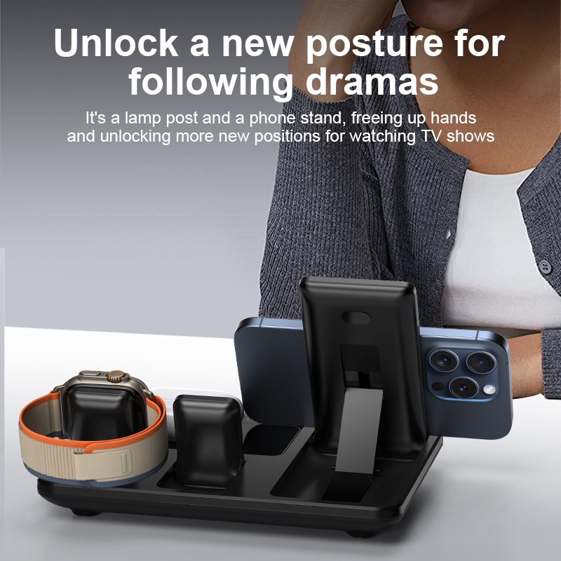 Newest Magnetic Wireless Charger Stand For iPhone iWatch Airpods 4 In 1 Wireless Charging Station With Clock Auto lifting Stand - Image 4