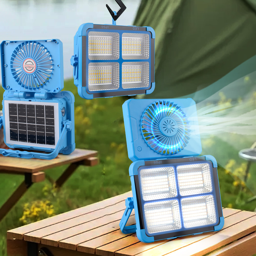 Solar Camping Light USB Rechargeable Waterproof Outdoor Emergency Lighting Portable Dimmable 5 Modes Flood Light With Fan