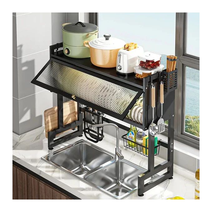 Over sink Kitchen rack/ drain drying rack/ plate rack with glass cover- Black - Image 2