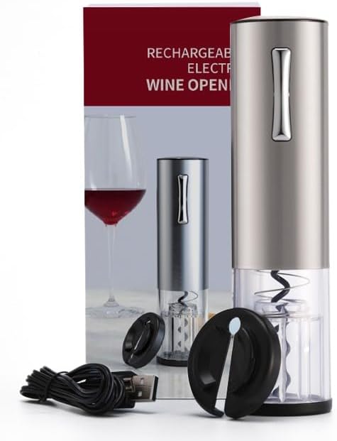 4 in 1 Electric Wine Opener, USB Charging Kit, with Wine Carafe, Aerator, Landfill, Wine Stopper and Aluminum Foil Cutter (3 in 1 Rechargeable, Stainless Steel)