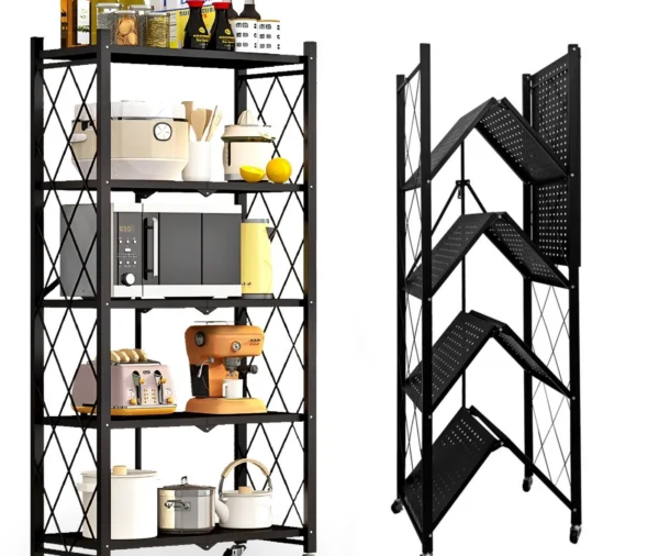 Folding Shelves 5 Tier Collapsible Shelf 550LBS Folding Metal Rack Shelving with Wheels Heavy Duty No Assembly for Home Kitchen Office