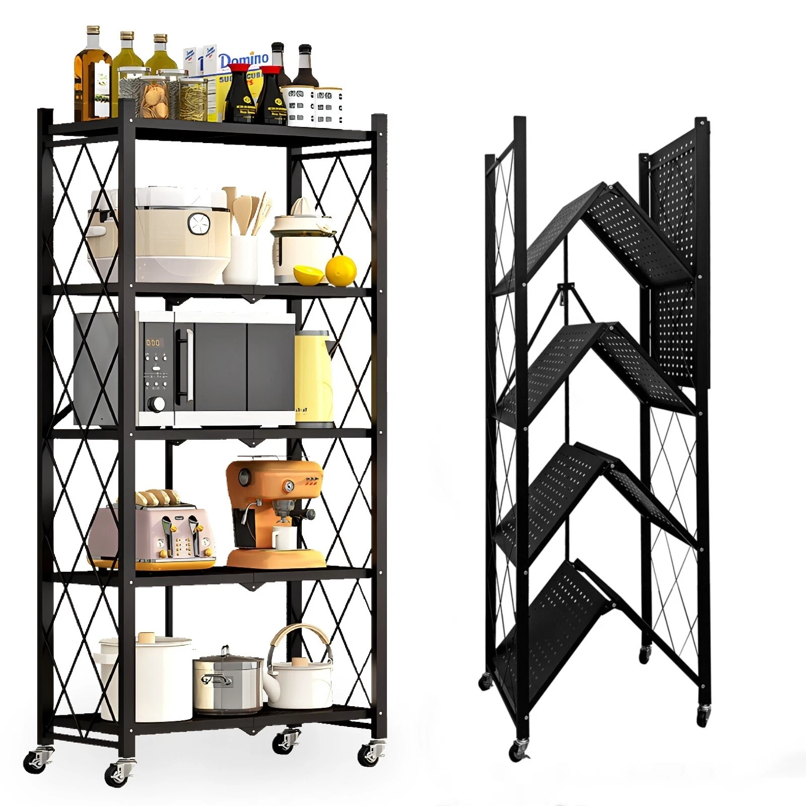 Folding Shelves 5 Tier Collapsible Shelf 550LBS Folding Metal Rack Shelving with Wheels Heavy Duty No Assembly for Home Kitchen Office