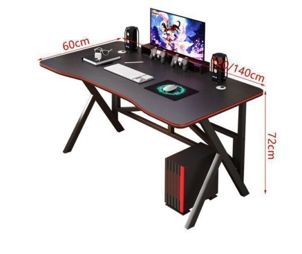 Ergonomic gaming desk with a carbon fiber texture surface and X-shaped steel legs.