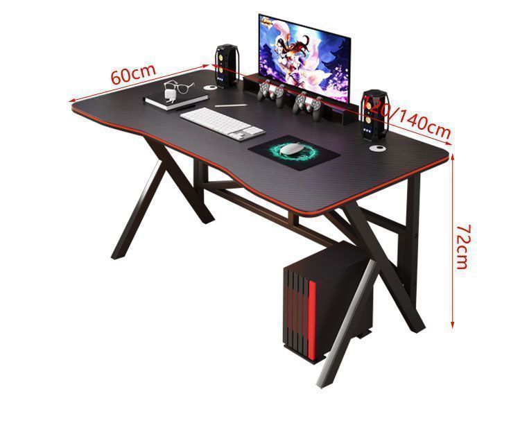 Ergonomic gaming desk with a carbon fiber texture surface and X-shaped steel legs.